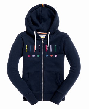 Superdry Carly Carnival Embroidered Cipzár Női Kapucnis Pulóver Kék | MJTBD0289